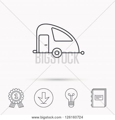 Travel van icon. Holiday camper sign. Download arrow, lamp, learn book and award medal icons.