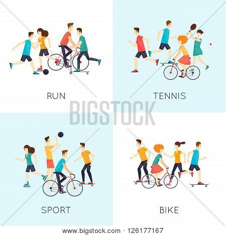 Physical activity people engaged in outdoor sports, running, cycling, skateboarding, roller skating, tennis, sailing, summer. Flat design vector illustration.