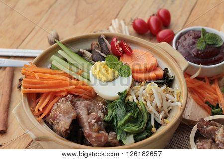 Bibimbap korean food is delicious placed on wood background
** Note: Visible grain at 100%, best at smaller sizes