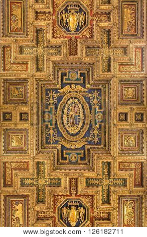Rome, Italy - September 9, 2015: Carved renaissance ceiling of church Santa Maria in Aracoeli, Rome Italy.

