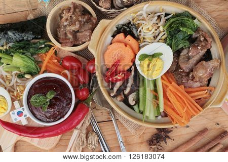 Bibimbap korean food is delicious placed on wood background
** Note: Visible grain at 100%, best at smaller sizes