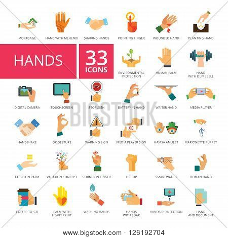 Hands icons set. Thirty three multicolored flat icons