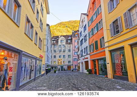 CHUR SWITZERLAND - JANUARY 1 2014: Street view of the Old City of Chur. Chur is capital of Graubunden in Switzerland. The city is the oldest one in Switzerland