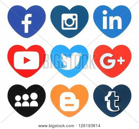 Kiev Ukraine - April 09 2016: Collection of popular heart shape social media logos printed on paper:Facebook Twitter Google Plus Instagram MySpace LinkedIn Youtube Tumblr and Blogger