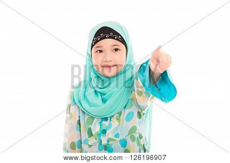 Close up of cute muslim girl on white background isolated.
