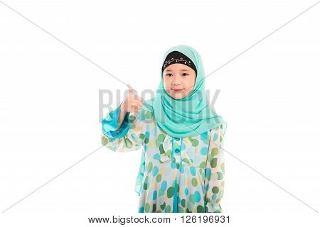 Close up of cute muslim girl on white background isolated.