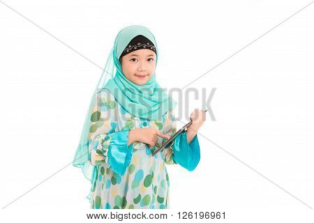 Close up of cute muslim girl on white background isolated.