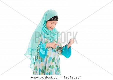 Close up of cute muslim girl on white background isolated.