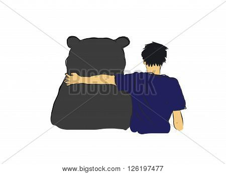 Unidentified man hug the big black bear for encourage my own sketch drawing with coloring