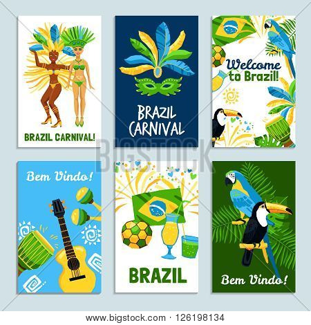 Set of colorful posters  with traditional elements of brazil nature and culture vector illustration