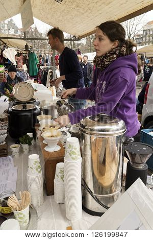 Amsterdam, Holland, April 9, 2016, Selling fresh made hot coffee at the Noorder market  