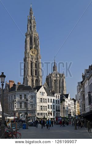 Antwerp,Belgium,March 17,2016,Onze-Lieve-Vrouwekathedraal and Suikerrui  