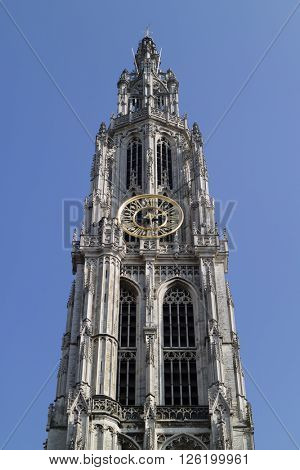 Antwerp, Belgium, March, 17, 2016,Tower of the Onze-Lieve-Vrouwekathedraal atHandschoenmarkt in Antwerp, belgium