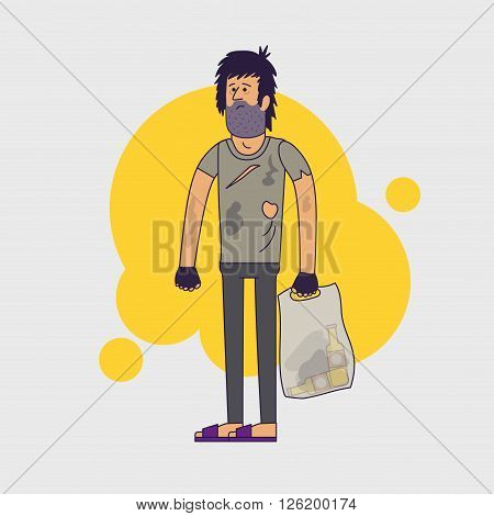 Dirty homeless. Shaggy man wearing dirty rags and with a plastic bag with empty bottles. Vector illustration. Linear flat style