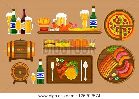Stock vector illustration set beers, beer mugs, bottles and food with beer, appetizer, fast food in flat style element for info graphic, website, icon, games, motion design, video