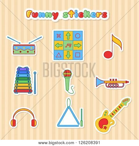 Set of vector musical instrumen stickers. Vector illustration in a flat style. Collection vector label for web design, mobile applications, design flyers, discounts and advertising
