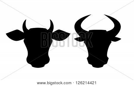 Cow and bull head icons isolated on white background