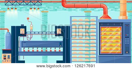 Stock vector illustration interior of plant, factory, bakery and baking for production of bakery products in flat style element for info graphic, website