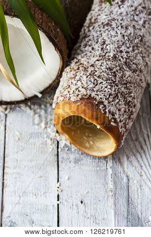 Hungarian a round loaf with coconut and chocolate cream