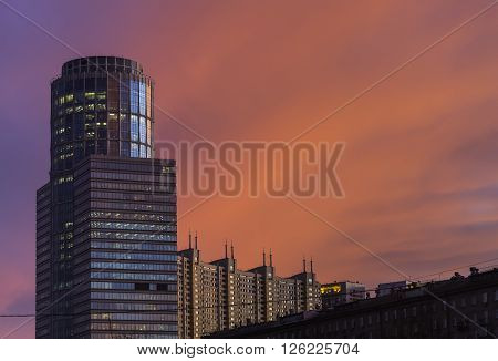 City sunset and Business center tower with beautiful colors in Moscow, Russia
