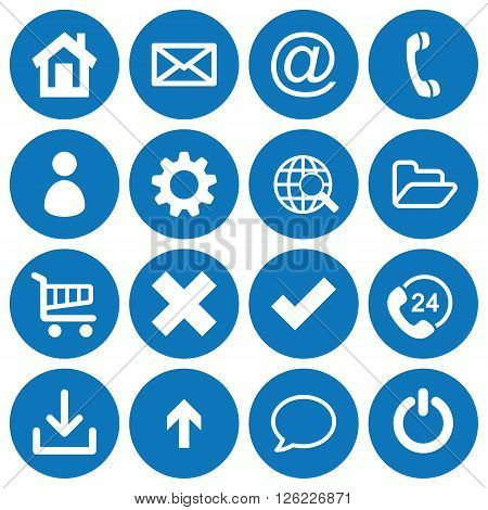 Set of 16 basic flat icons on blue round background