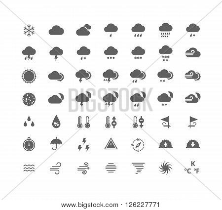 Gray silhouette weather icons set. Weather forecast widgets and apps design elements. Isolated on white background.
