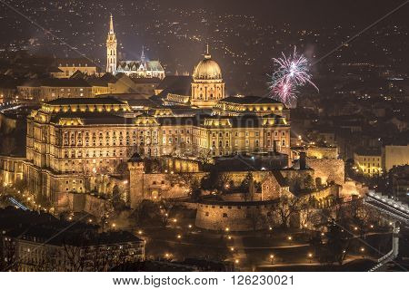 Buda Castle or Royal Palace in Budapest Hungary with Fireworks at Night