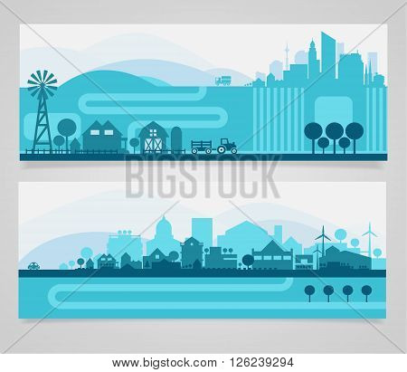 Vector horizontal banners skyline Kit with various parts of city - factories, refineries, power plants and small towns or suburbs. Illustration divided on layers for create parallax effect