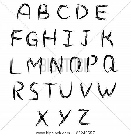 Asymmetric 28 English alphabet letters carelessly painted black brush split. ABC.