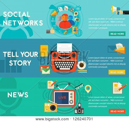 Telling A Story, ews and Social Networking concept banners. Flat style vector illustration online web banners