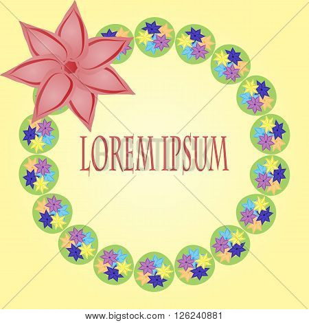 Bright flower round frame with a flower on a yellow background. Space for your text.
