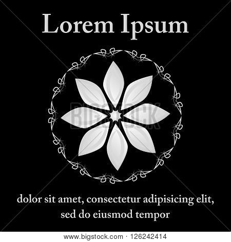 Grey floral symbol in a round ornate frame and place for text on a black background. It can be used as logo.