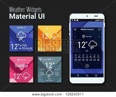 Trendy mobile app weather widgets UI kit, on trendy material background, with smartphone mockup and bold line icons
