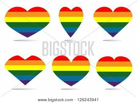 Set the hearts of LGBT flag with shadow. Six separate elements on a white background.