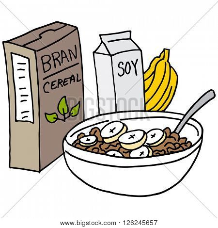 An image of a Bran cereal with bananas and soy milk.