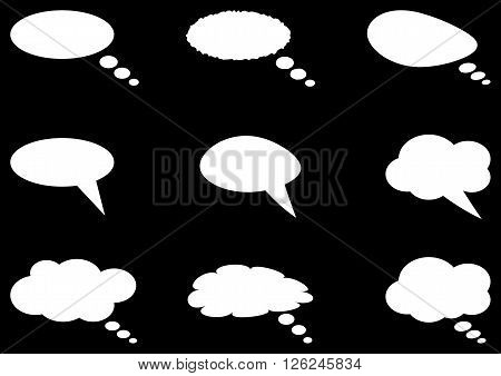 Set of different thought cloud nine white objects on a black background