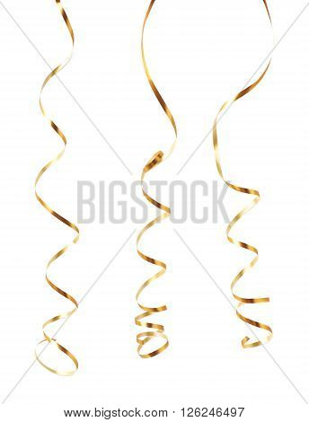 Curly and glossy golden ribbon isolated over the white background, set collection of three diffirent foreshortenings