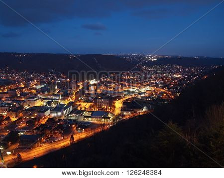 Looking down over the city of Johnstown Pennsylvania at night.