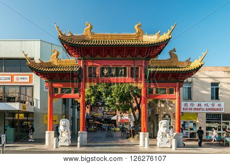 Adelaide Australia - January 3 2016: Main entrance to the Chinatown on Gouger Street on a bright day