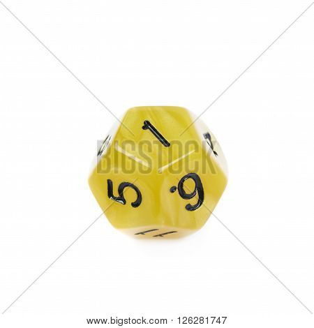 Yellow roleplaying polyhedral dodecahedron gaming plastic dice isolated over the white background