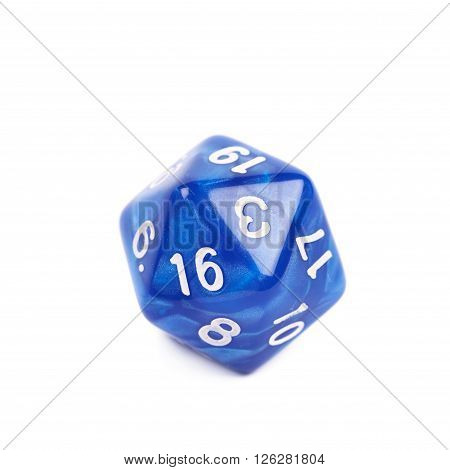 Blue roleplaying polyhedral icosahedron gaming plastic dice isolated over the white background
