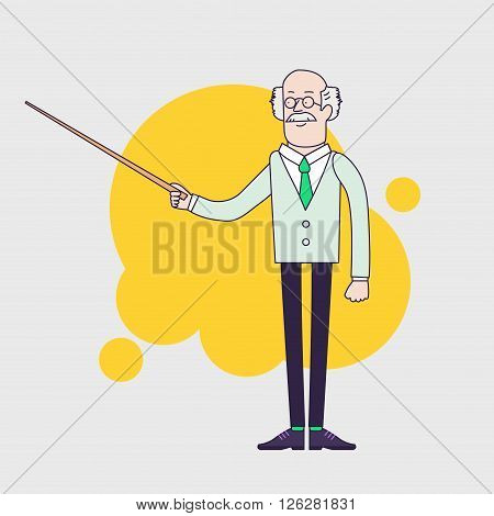 Old professor is showing something by pointer. Senior scientist or teacher character. Linear flat design