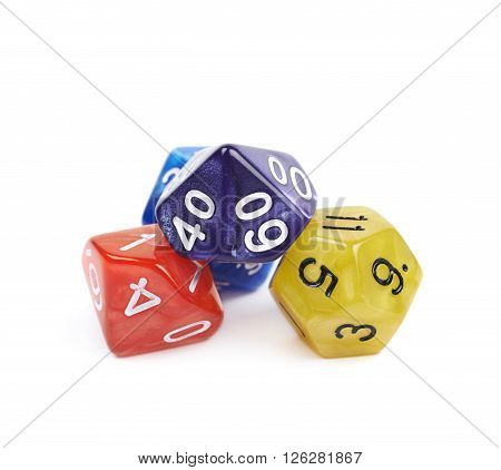 Pile of colorful roleplaying polyhedral dices isolated over the white background