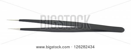 Black metal anti-static tweezers tool isolated over the white background