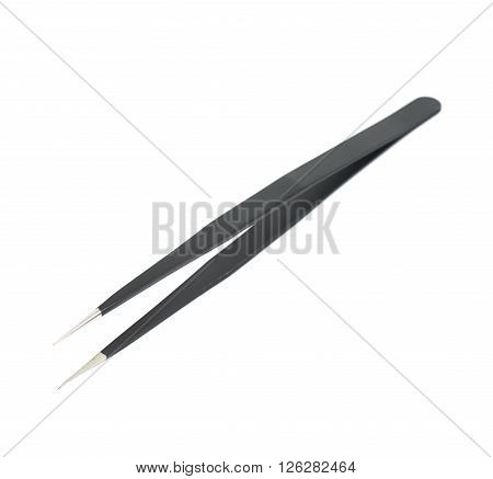Black metal anti-static tweezers tool isolated over the white background