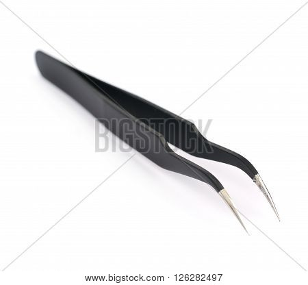 Black metal anti-static tweezers tool isolated over the white background