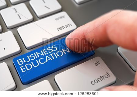 Laptop Keyboard with Business Education Blue Keypad. Hand Finger Press Business Education Key. Man Finger Pressing Business Education Button on Computer Keyboard. 3D Render.