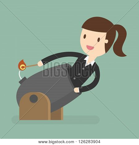 Business Woman Cannonball. Leadership Concept. Business Concept Cartoon Illustration.