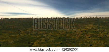 view of the valley in autumn. The forest on the horizon. The ground is covered with lots of grass and trees on the horizon. 3D rendering, 3D illustration