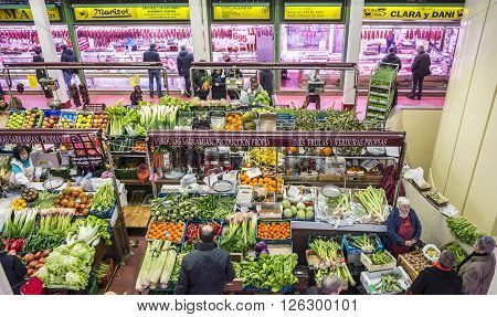 Logroño Spain - April 9 2016. People shopping vegetables in San Blas Market (Mercado de Abastos). San Blas is the main fresh-produce market in downtown of Logroño La Rioja. Spain.